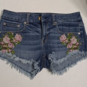 American Eagle Outfitters Blue Jean Shorts with Pink Floral Embroidery